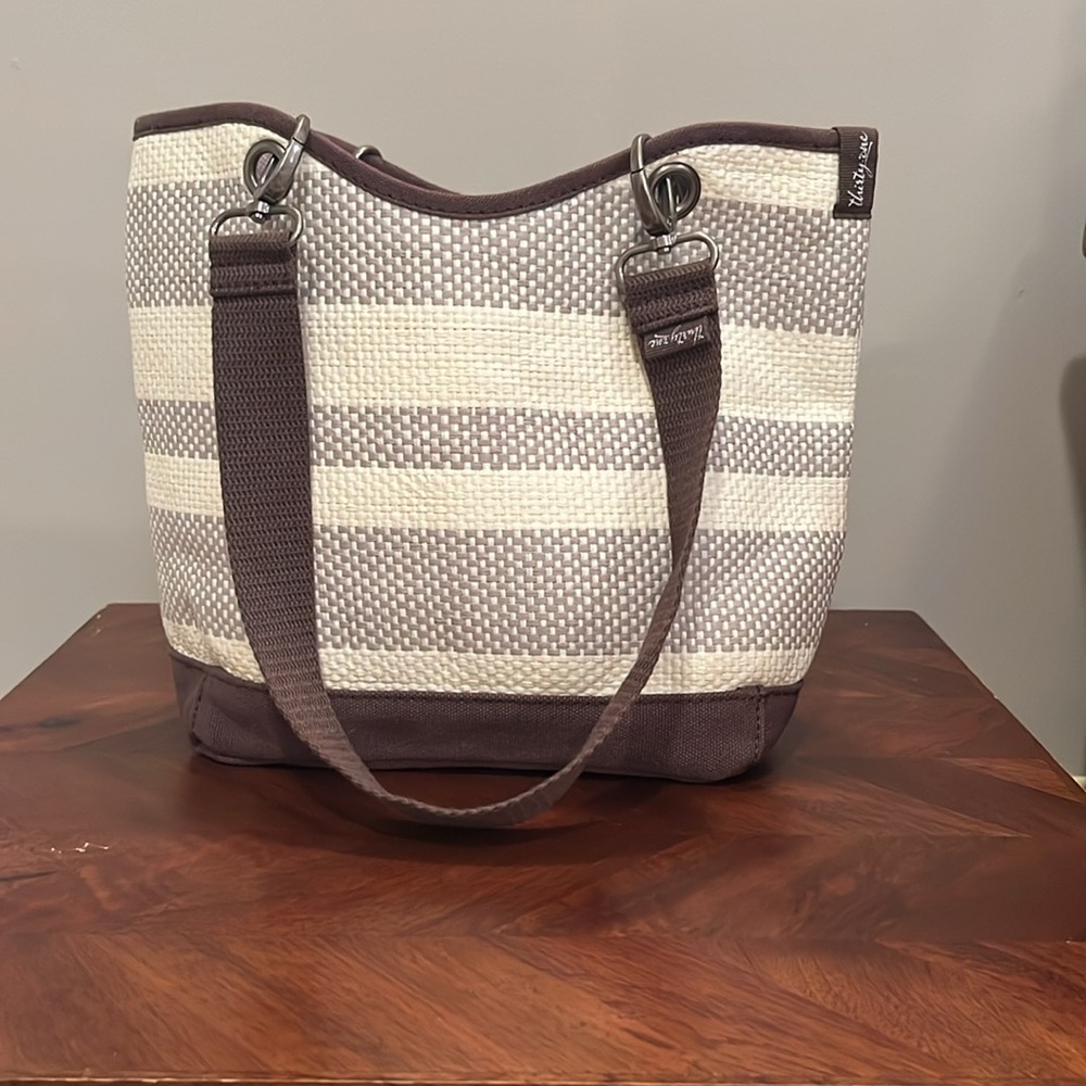 NWOT Thirty One brown and cream woven striped canvas crew mini shoulder tote bag
